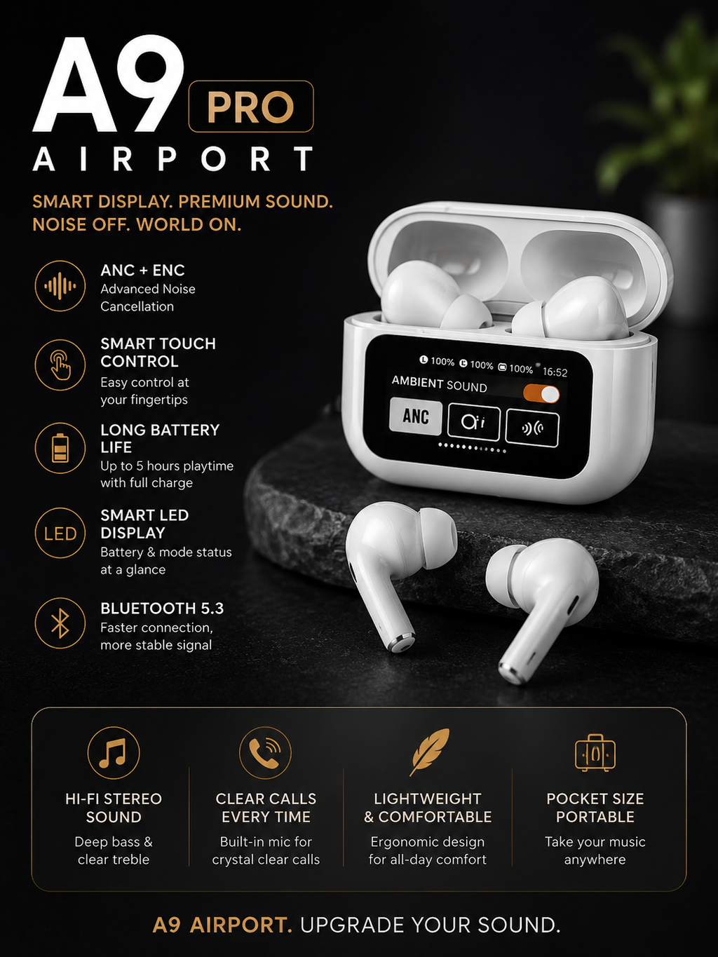 A9 Pro Wireless Bluetooth Earbuds with Smart Display Case | Hi-Fi Sound | Bluetooth 5.3 | Touch Control