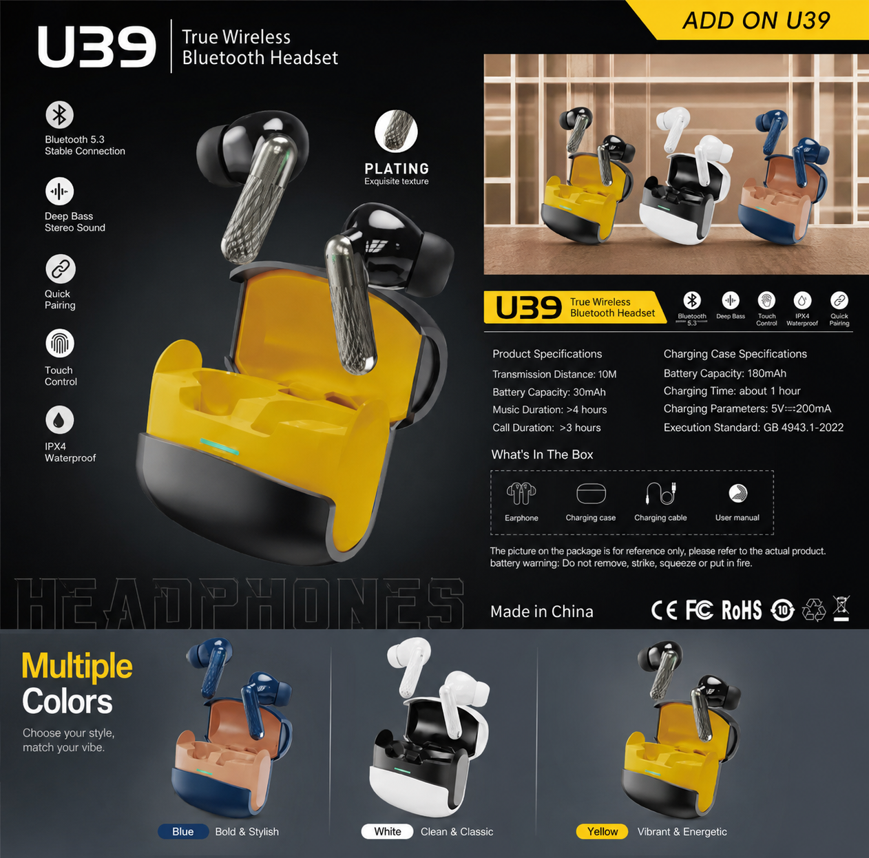 U39 True Wireless Bluetooth Earbuds – Premium Sound & Stylish Design