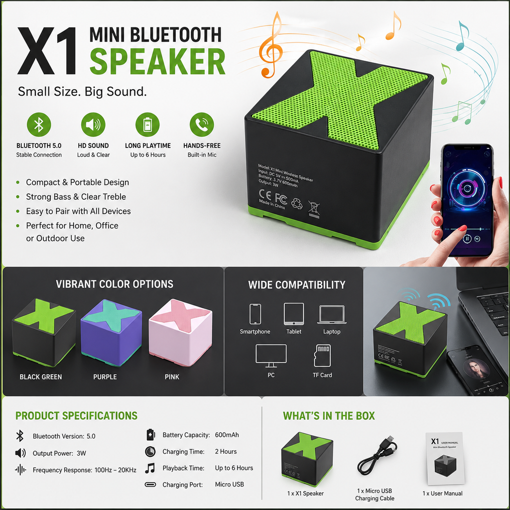 X1 Mini Bluetooth Speaker – Portable Wireless Speaker with HD Sound