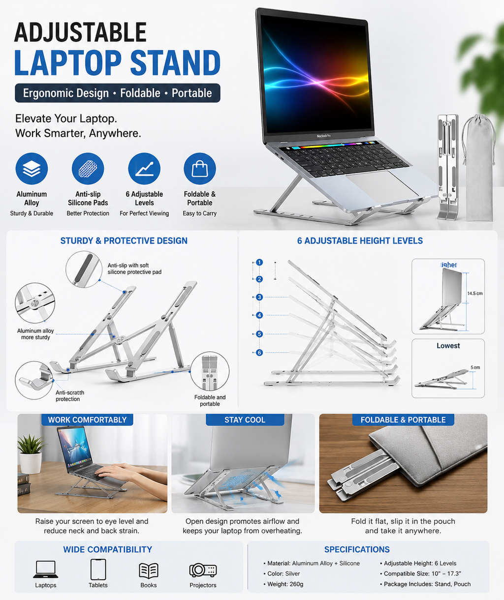 Adjustable Aluminum Laptop Stand – Foldable & Portable Ergonomic Notebook Holder