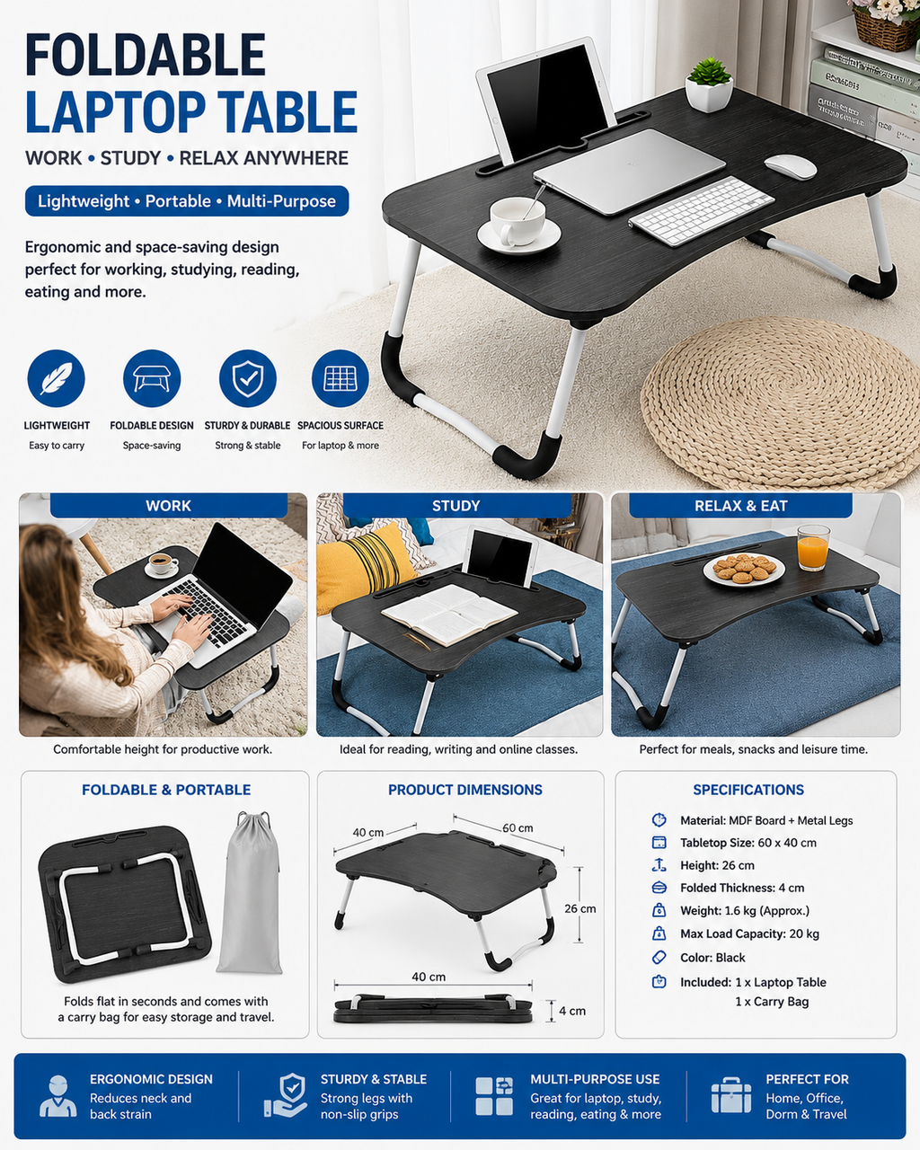 Foldable Laptop Table – Portable Bed Desk for Work, Study & Gaming