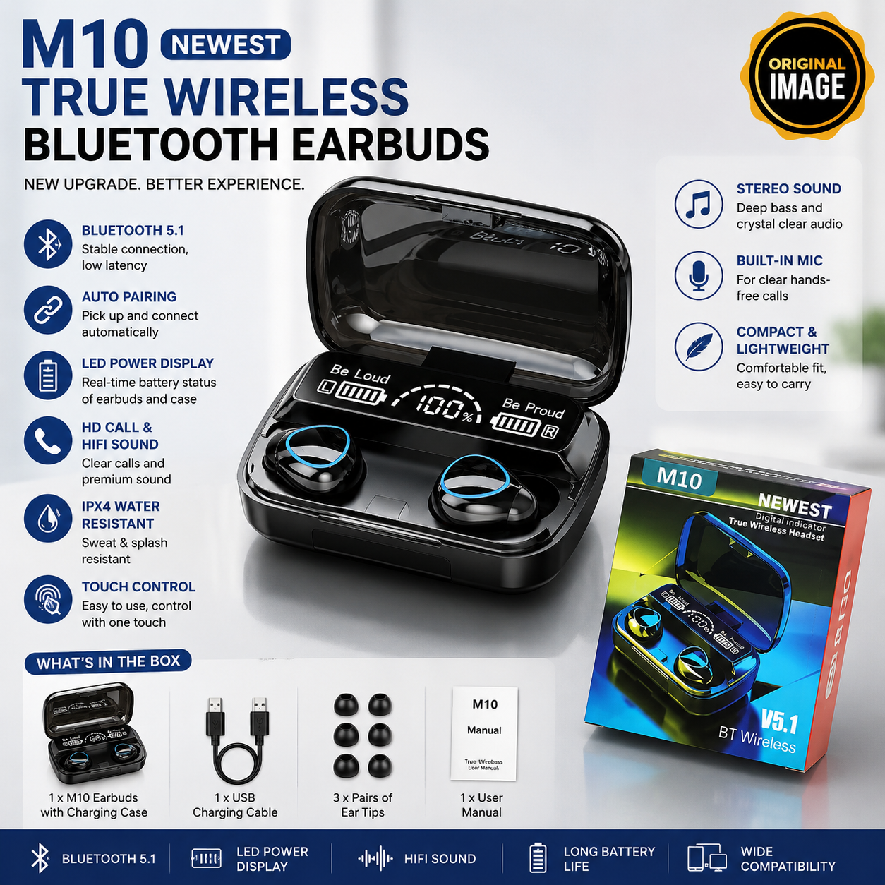 M10 TWS Wireless Earbuds – Bluetooth 5.1 with LED Power Display