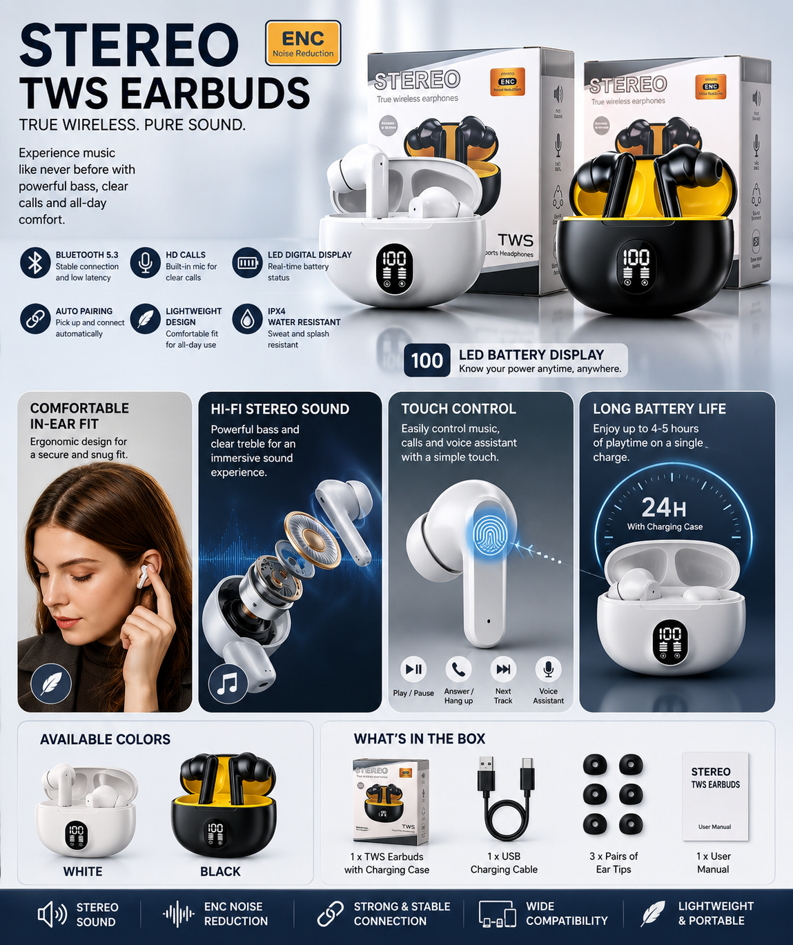 Stereo TWS Wireless Earbuds – ENC Noise Reduction & LED Battery Display