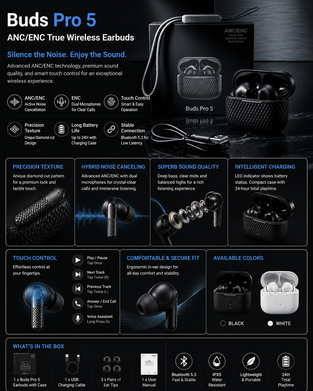Buds Pro 5 ANC/ENC Wireless Earbuds – Premium Sound & Noise Cancellation