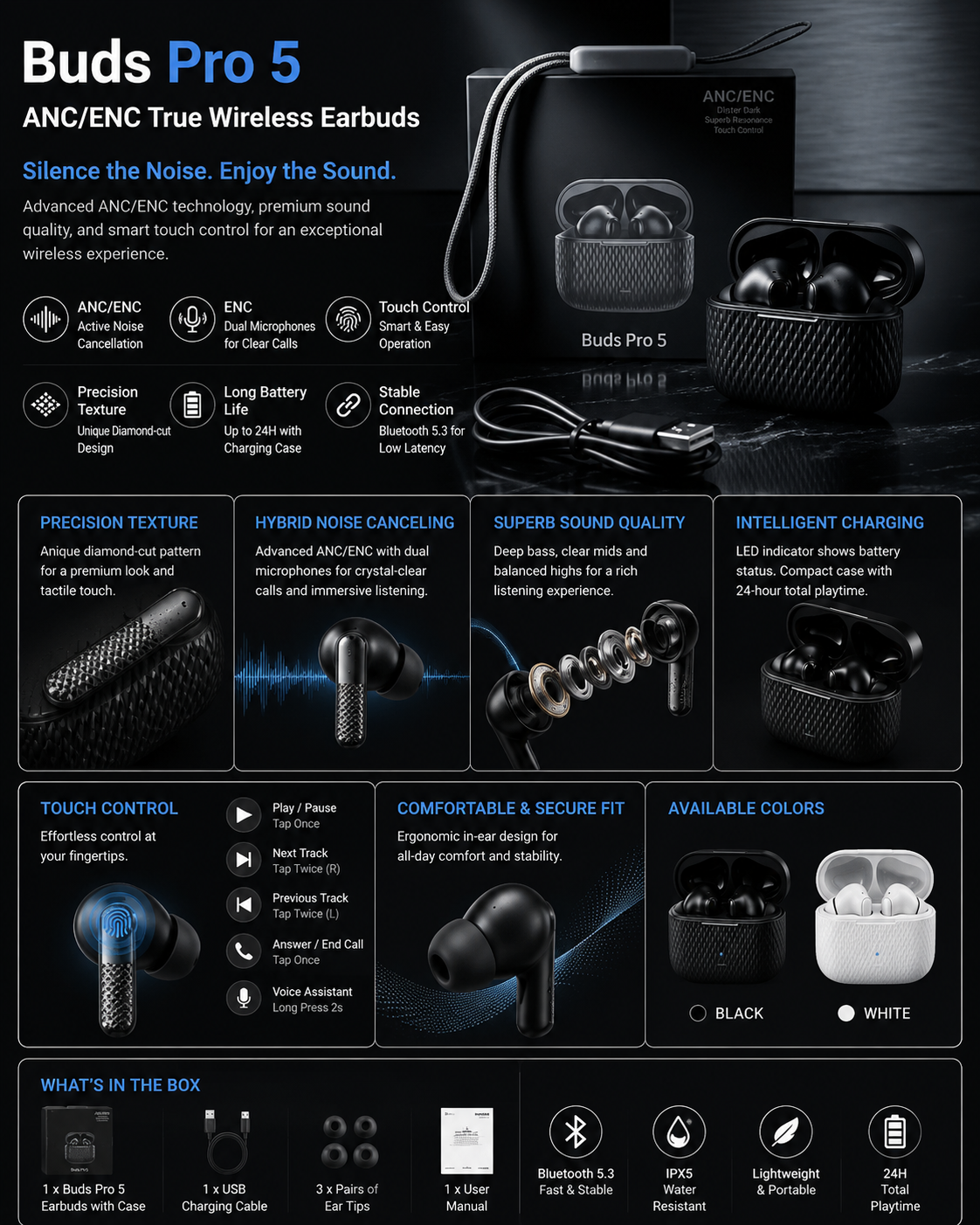 Buds Pro 5 ANC/ENC Wireless Earbuds – Premium Sound & Noise Cancellation