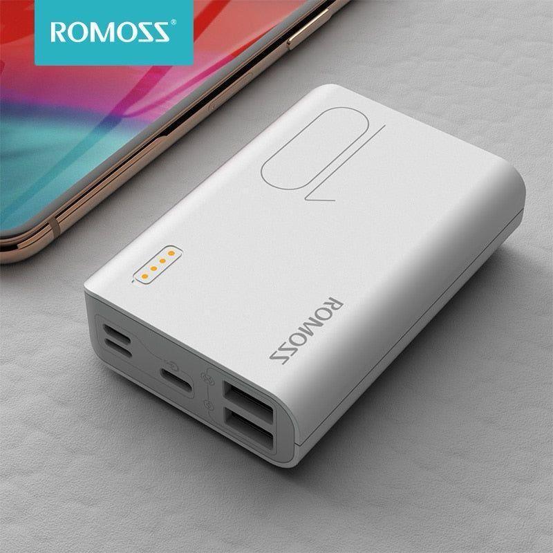 ROMOSS 10000mAh Fast Charging Power Bank – Dual USB Output & Dual Input Portable Battery Pack (White)