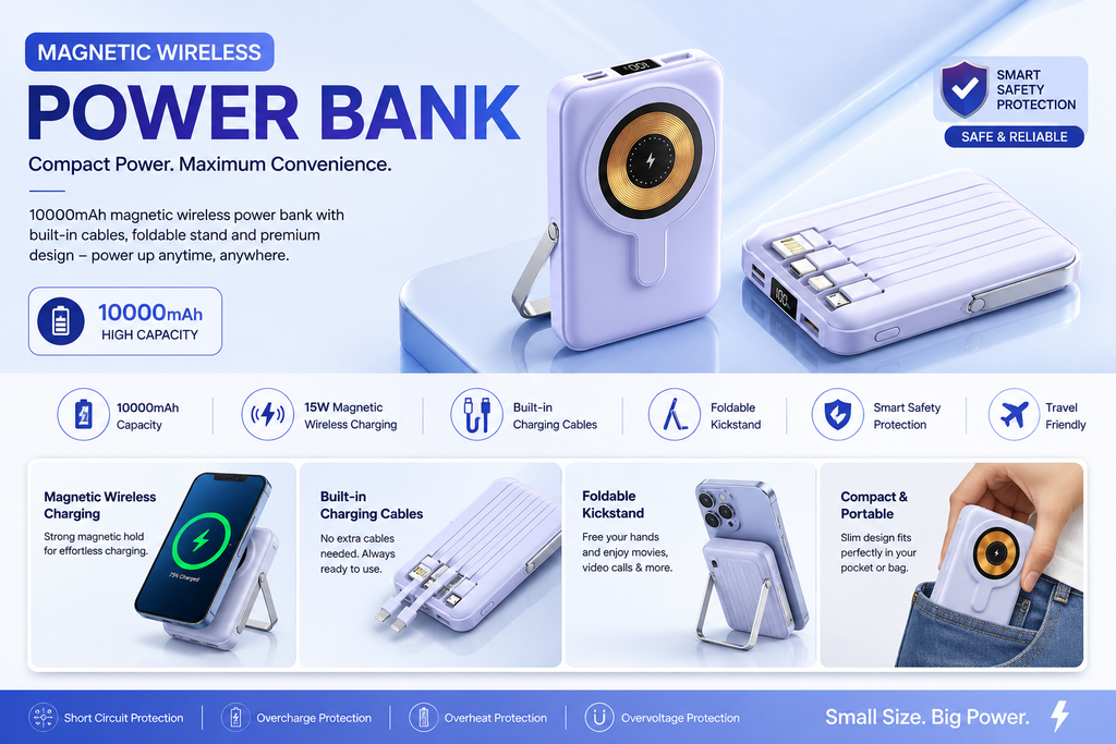 10000mAh Magnetic Wireless Power Bank – 15W Fast Charging with Built-in Cables & Foldable Kickstand