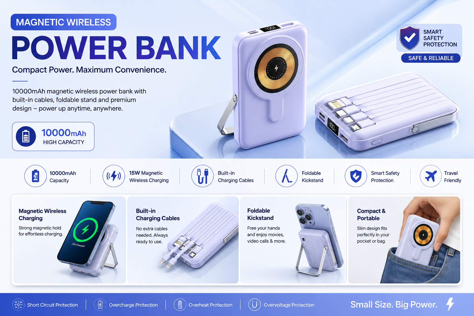10000mAh Magnetic Wireless Power Bank – 15W Fast Charging with Built-in Cables & Foldable Kickstand