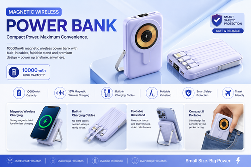 10000mAh Magnetic Wireless Power Bank – 15W Fast Charging with Built-in Cables & Foldable Kickstand